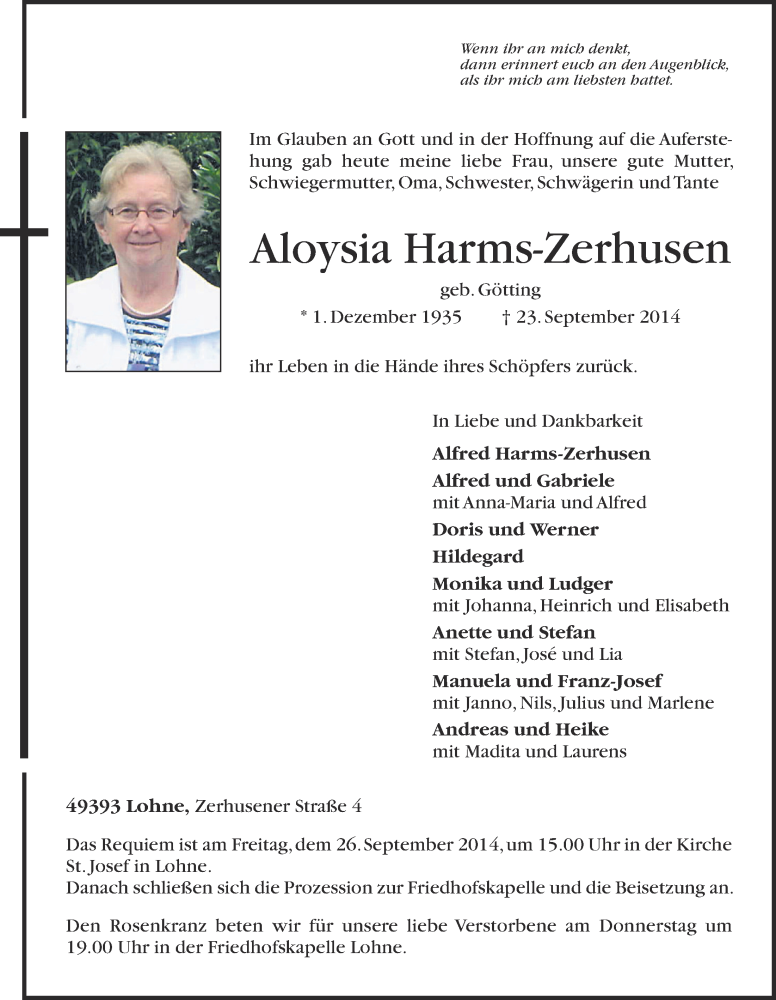 Traueranzeige für Aloysia Harms-Zerhusen vom 24.09.2014 aus Oldenburgische Volkszeitung
